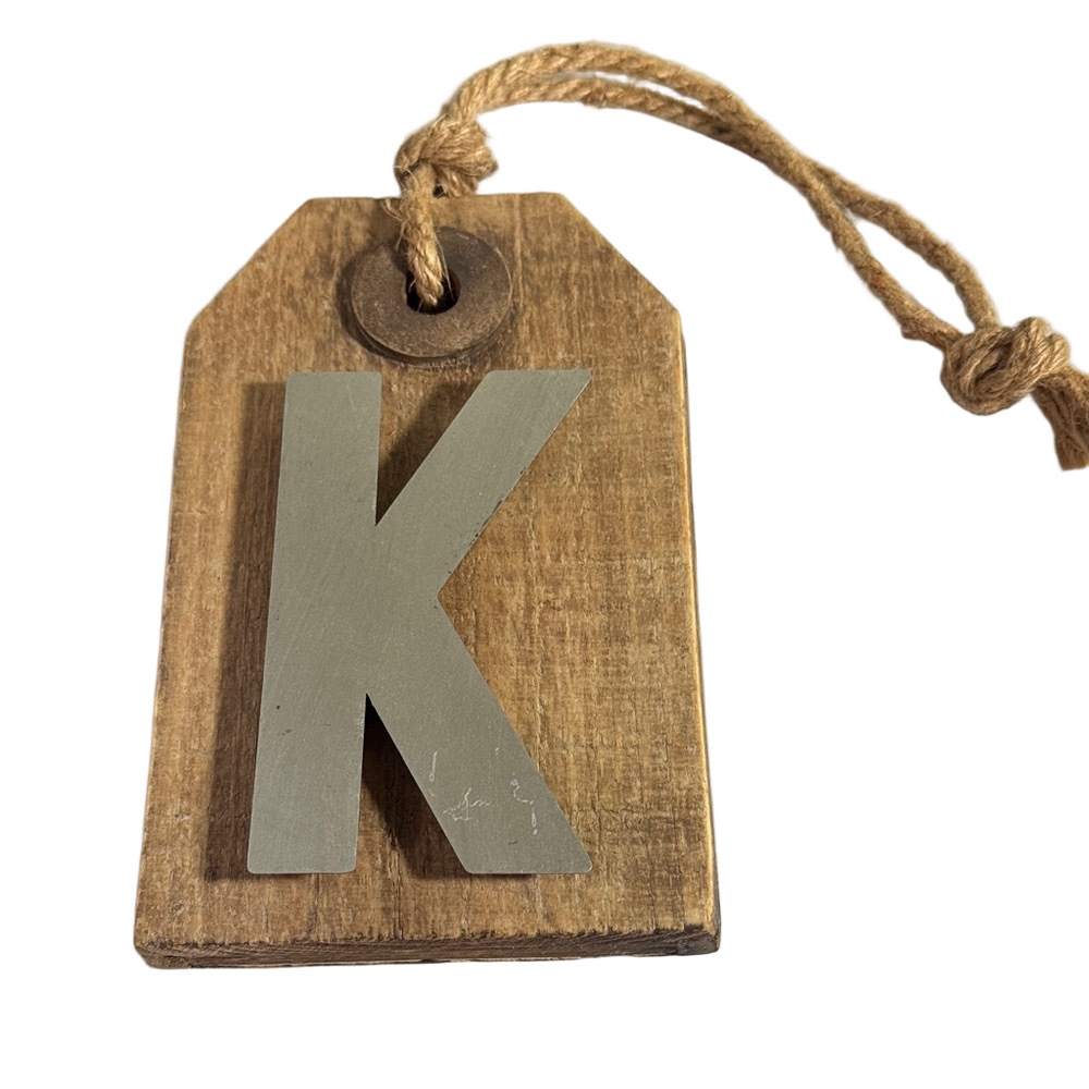 Rustic Wooden Decorative Tag with Gray Letter K